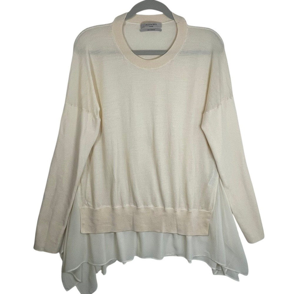 AllSaints Large Libby Merino‎ Wool Sweater Ivory Cream Sheer Chiffon Hem